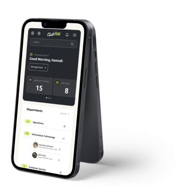 Mobile phone showing ClubReq interface